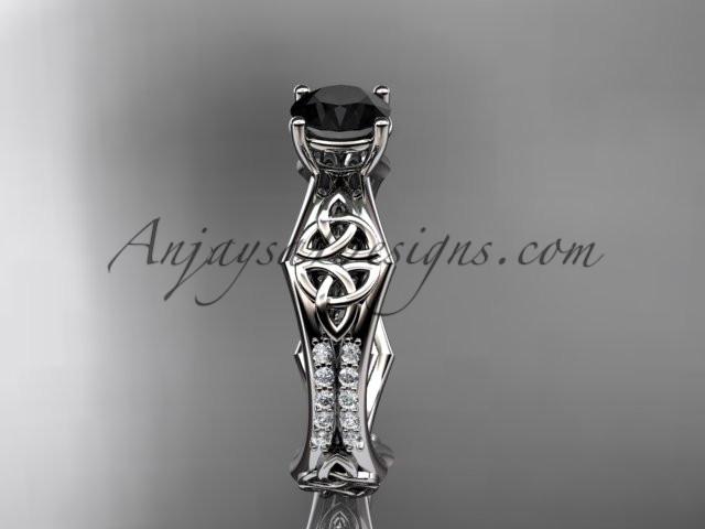 platinum diamond celtic trinity ring, triquetra ring, engagement ring with a Black Diamond center stone CT7353 - AnjaysDesigns