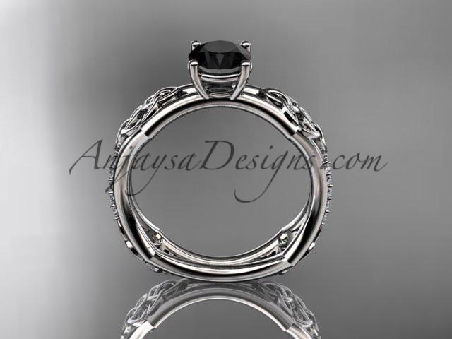 platinum diamond celtic trinity ring, triquetra ring, engagement ring with a Black Diamond center stone CT7353 - AnjaysDesigns