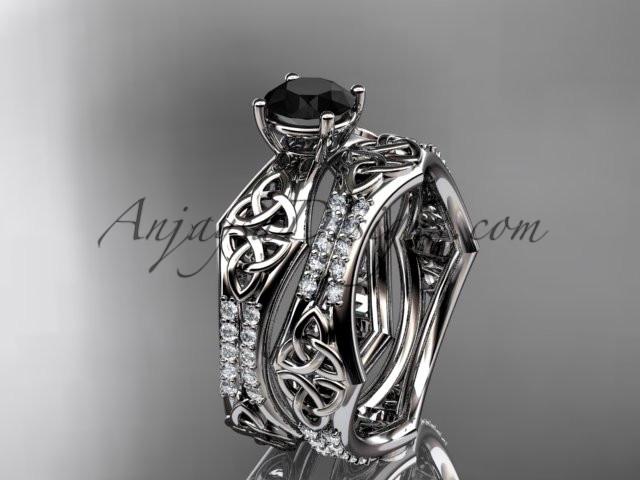 platinum diamond celtic trinity ring, triquetra ring, engagement set with a Black Diamond center stone CT7353S - AnjaysDesigns