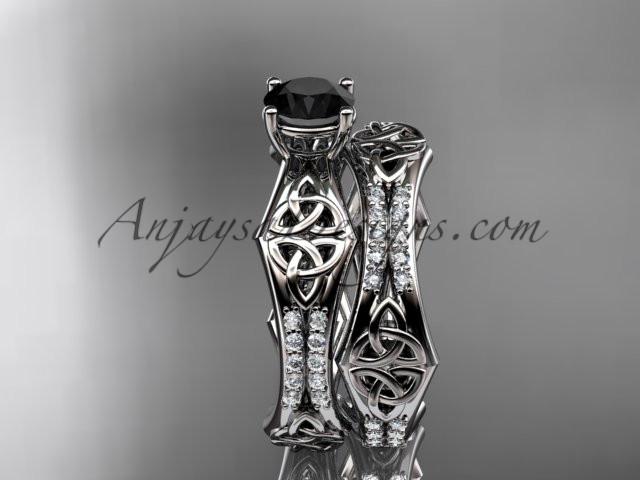 platinum diamond celtic trinity ring, triquetra ring, engagement set with a Black Diamond center stone CT7353S - AnjaysDesigns