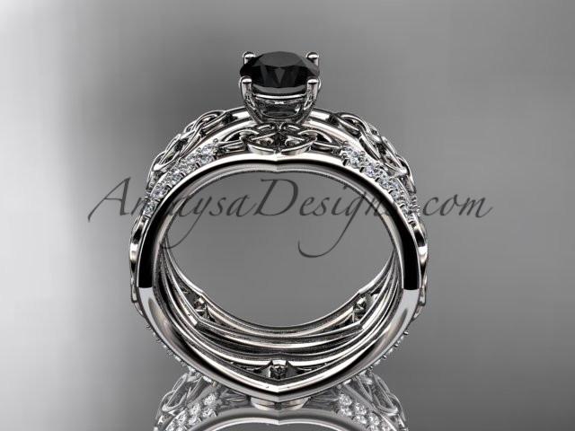 platinum diamond celtic trinity ring, triquetra ring, engagement set with a Black Diamond center stone CT7353S - AnjaysDesigns