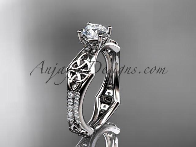 14kt white gold diamond celtic trinity ring, triquetra ring, engagement ring with a "Forever One" Moissanite center stone CT7353 - AnjaysDesigns