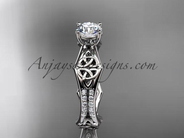 14kt white gold diamond celtic trinity ring, triquetra ring, engagement ring with a "Forever One" Moissanite center stone CT7353 - AnjaysDesigns