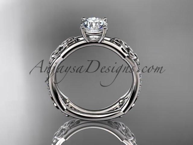 platinum diamond celtic trinity ring, triquetra ring, engagement ring with a "Forever One" Moissanite center stone CT7353 - AnjaysDesigns