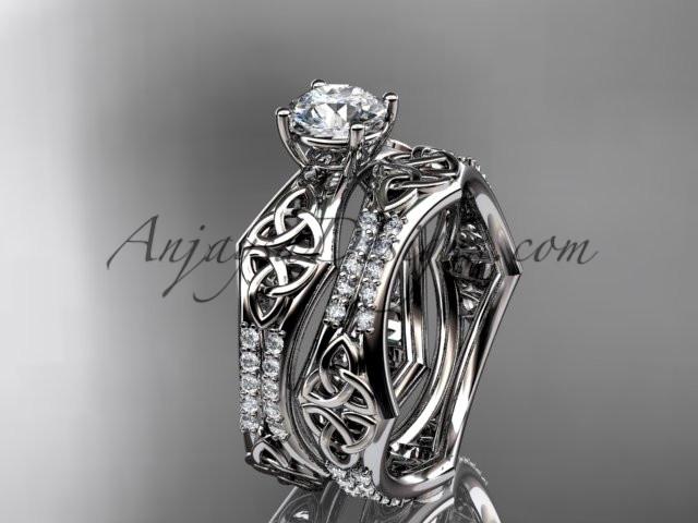 platinum diamond celtic trinity ring, triquetra ring, engagement set, CT7353S - AnjaysDesigns