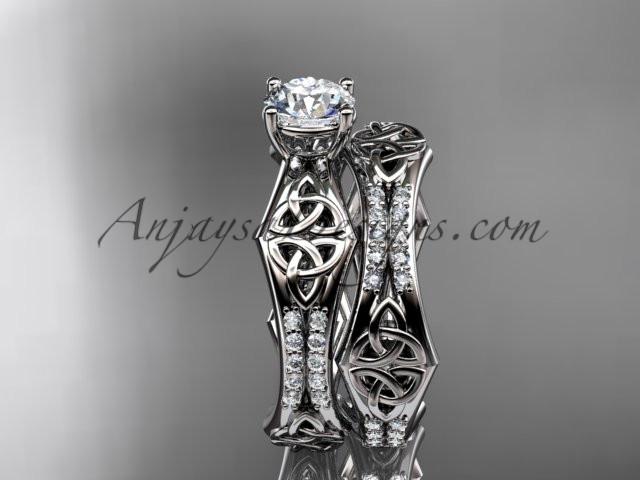 14kt white gold diamond celtic trinity ring, triquetra ring, engagement set, CT7353S - AnjaysDesigns