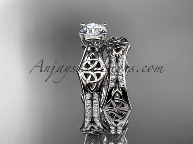 platinum diamond celtic trinity ring, triquetra ring, engagement set with a "Forever One" Moissanite center stone CT7353S - AnjaysDesigns