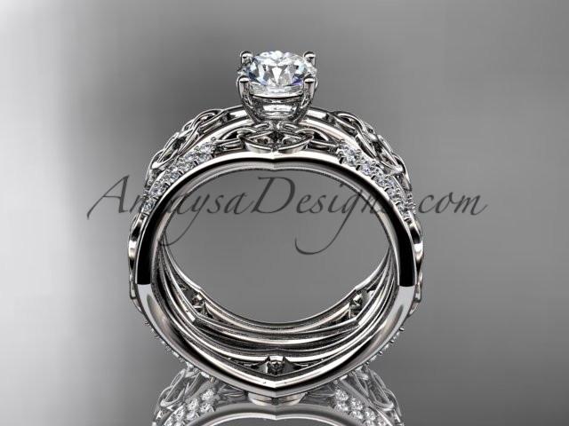 platinum diamond celtic trinity ring, triquetra ring, engagement set with a "Forever One" Moissanite center stone CT7353S - AnjaysDesigns