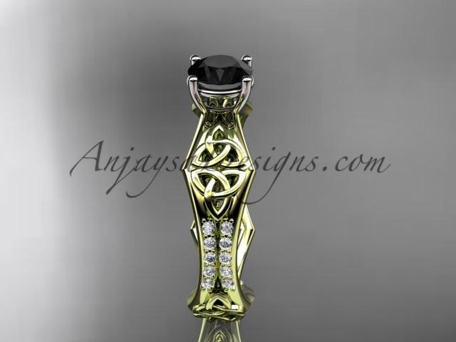 14kt yellow gold diamond celtic trinity ring, triquetra ring, engagement ring with a Black Diamond center stone CT7353 - AnjaysDesigns