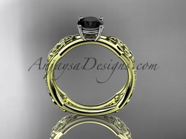 14kt yellow gold diamond celtic trinity ring, triquetra ring, engagement ring with a Black Diamond center stone CT7353 - AnjaysDesigns