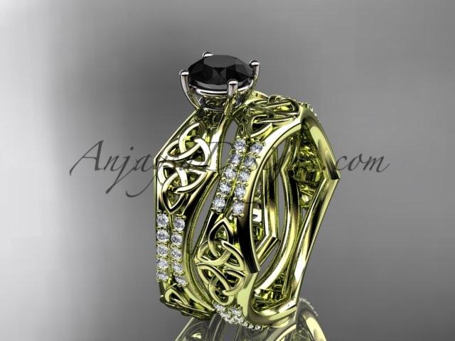 14kt yellow gold diamond celtic trinity ring, triquetra ring, engagement set with a Black Diamond center stone CT7353S - AnjaysDesigns