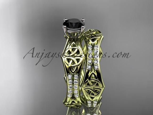 14kt yellow gold diamond celtic trinity ring, triquetra ring, engagement set with a Black Diamond center stone CT7353S - AnjaysDesigns