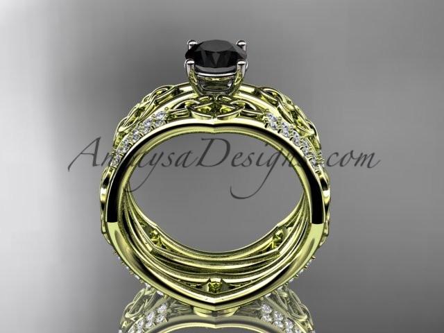 14kt yellow gold diamond celtic trinity ring, triquetra ring, engagement set with a Black Diamond center stone CT7353S - AnjaysDesigns