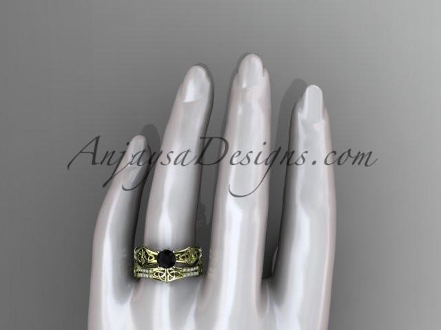14kt yellow gold diamond celtic trinity ring, triquetra ring, engagement set with a Black Diamond center stone CT7353S - AnjaysDesigns