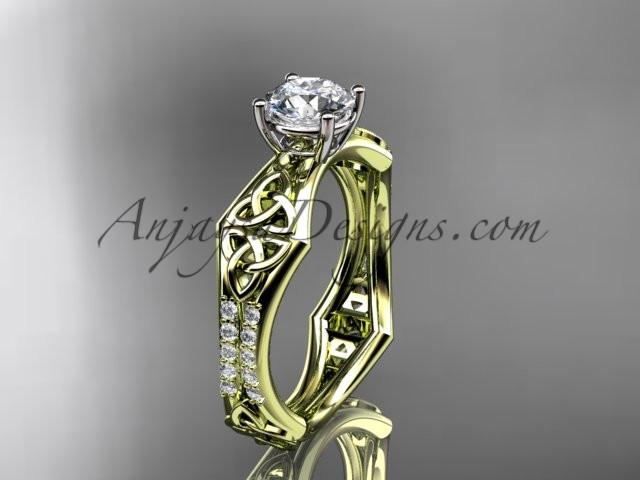 14kt yellow gold diamond celtic trinity ring, triquetra ring, engagement ring with a "Forever One" Moissanite center stone CT7353 - AnjaysDesigns