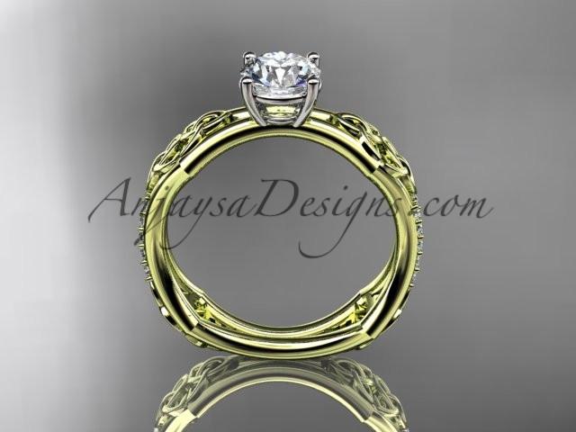 14kt yellow gold diamond celtic trinity ring, triquetra ring, engagement ring with a "Forever One" Moissanite center stone CT7353 - AnjaysDesigns