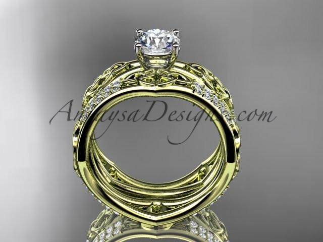 14kt yellow gold diamond celtic trinity ring, triquetra ring, engagement set with a "Forever One" Moissanite center stone CT7353S - AnjaysDesigns