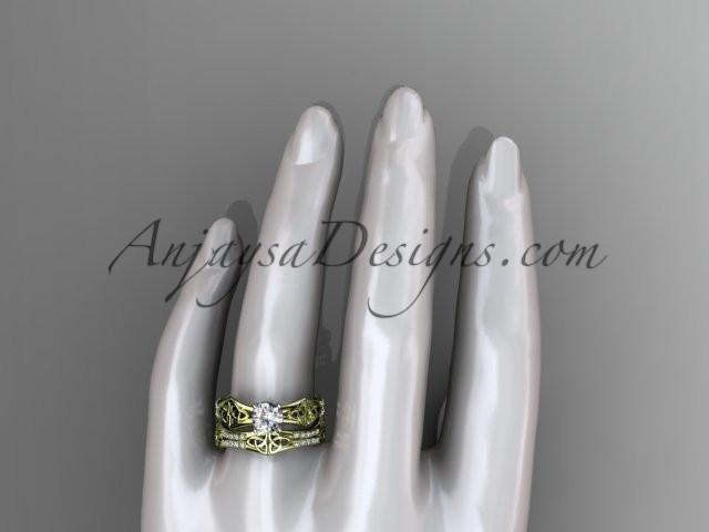 14kt yellow gold diamond celtic trinity ring, triquetra ring, engagement set with a "Forever One" Moissanite center stone CT7353S - AnjaysDesigns