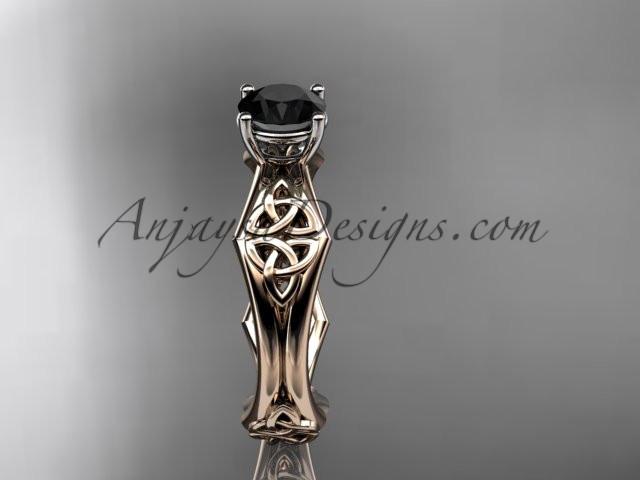 14kt rose gold celtic trinity ring, triquetra ring, engagement ring with a Black Diamond center stone CT7356 - AnjaysDesigns