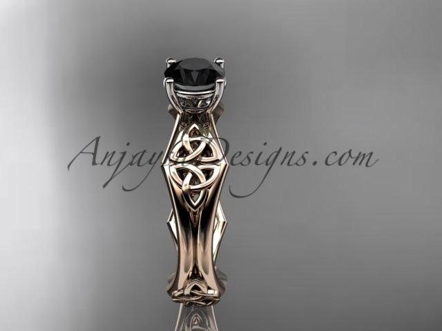 14kt rose gold celtic trinity ring, triquetra ring, engagement ring with a Black Diamond center stone CT7356 - AnjaysDesigns