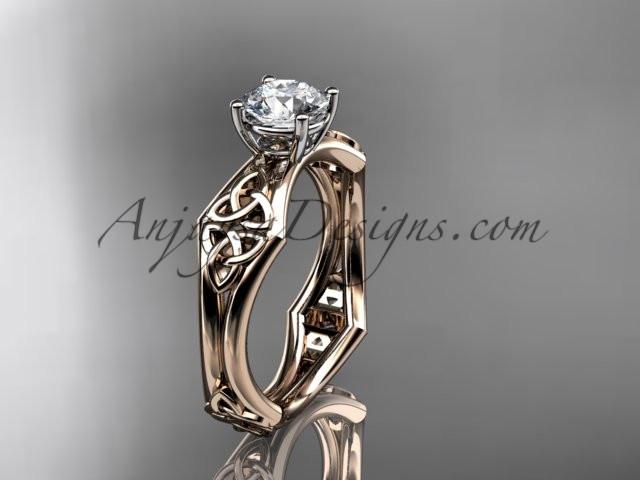 14kt rose gold celtic trinity ring, triquetra ring, engagement ring with a "Forever One" Moissanite center stone CT7356 - AnjaysDesigns