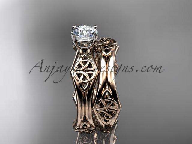 14kt rose gold celtic trinity ring, triquetra ring, engagement set with a "Forever One" Moissanite center stone CT7356S - AnjaysDesigns