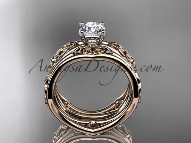 14kt rose gold celtic trinity ring, triquetra ring, engagement set with a "Forever One" Moissanite center stone CT7356S - AnjaysDesigns