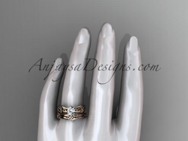 14kt rose gold celtic trinity ring, triquetra ring, engagement set with a "Forever One" Moissanite center stone CT7356S - AnjaysDesigns