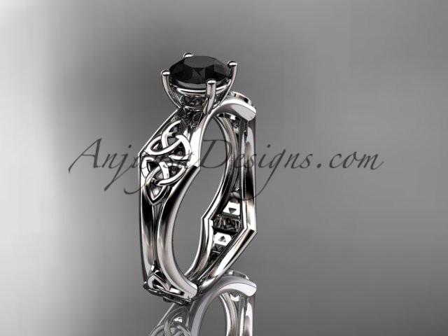 14kt white gold celtic trinity ring, triquetra ring, engagement ring with a Black Diamond center stone CT7356 - AnjaysDesigns