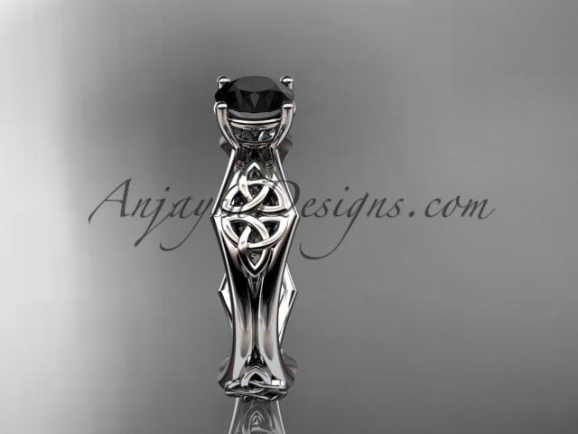platinum celtic trinity ring, triquetra ring, engagement ring with a Black Diamond center stone CT7356 - AnjaysDesigns