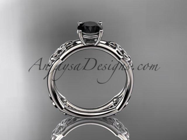 platinum celtic trinity ring, triquetra ring, engagement ring with a Black Diamond center stone CT7356 - AnjaysDesigns