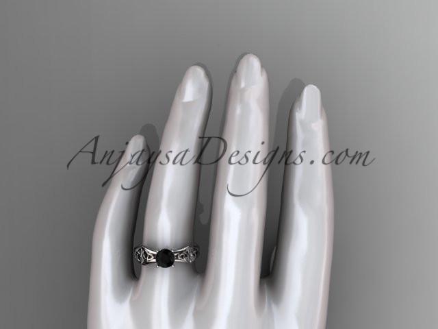 14kt white gold celtic trinity ring, triquetra ring, engagement ring with a Black Diamond center stone CT7356 - AnjaysDesigns