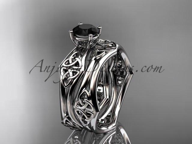 platinum celtic trinity ring, triquetra ring, engagement set with a Black Diamond center stone CT7356S - AnjaysDesigns