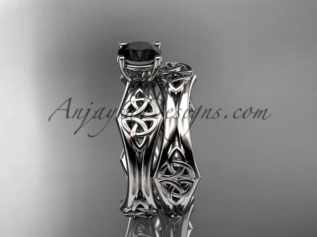 platinum celtic trinity ring, triquetra ring, engagement set with a Black Diamond center stone CT7356S - AnjaysDesigns