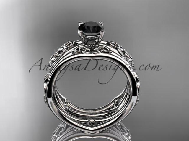 platinum celtic trinity ring, triquetra ring, engagement set with a Black Diamond center stone CT7356S - AnjaysDesigns