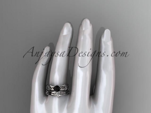 14kt white gold celtic trinity ring, triquetra ring, engagement set with a Black Diamond center stone CT7356S - AnjaysDesigns