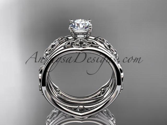 platinum celtic trinity ring, triquetra ring, engagement set with a "Forever One" Moissanite center stone CT7356S - AnjaysDesigns