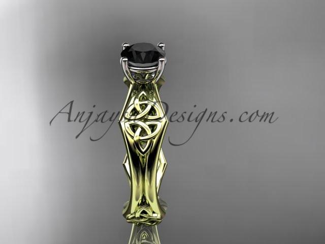14kt yellow gold celtic trinity ring, triquetra ring, engagement ring with a Black Diamond center stone CT7356 - AnjaysDesigns