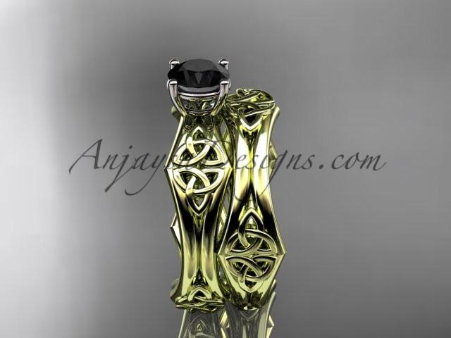 14kt yellow gold celtic trinity ring, triquetra ring, engagement set with a Black Diamond center stone CT7356S - AnjaysDesigns