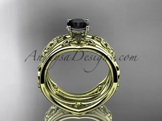 14kt yellow gold celtic trinity ring, triquetra ring, engagement set with a Black Diamond center stone CT7356S - AnjaysDesigns