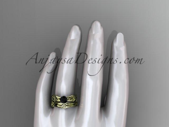14kt yellow gold celtic trinity ring, triquetra ring, engagement set with a Black Diamond center stone CT7356S - AnjaysDesigns