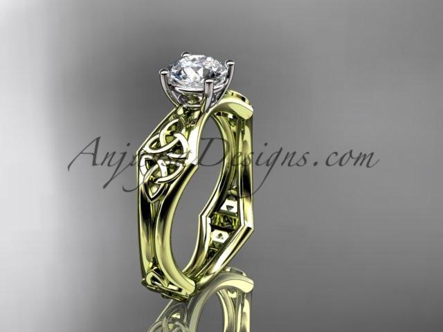 14kt yellow gold celtic trinity ring, triquetra ring, engagement ring with a "Forever One" Moissanite center stone CT7356 - AnjaysDesigns