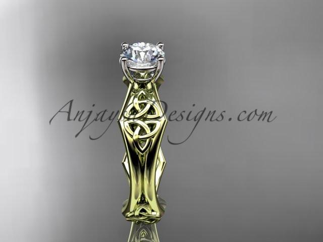 14kt yellow gold celtic trinity ring, triquetra ring, engagement ring with a "Forever One" Moissanite center stone CT7356 - AnjaysDesigns