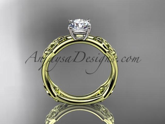 14kt yellow gold celtic trinity ring, triquetra ring, engagement ring with a "Forever One" Moissanite center stone CT7356 - AnjaysDesigns
