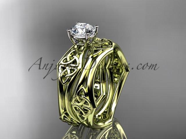 14kt yellow gold celtic trinity ring, triquetra ring, engagement set with a "Forever One" Moissanite center stone CT7356S - AnjaysDesigns