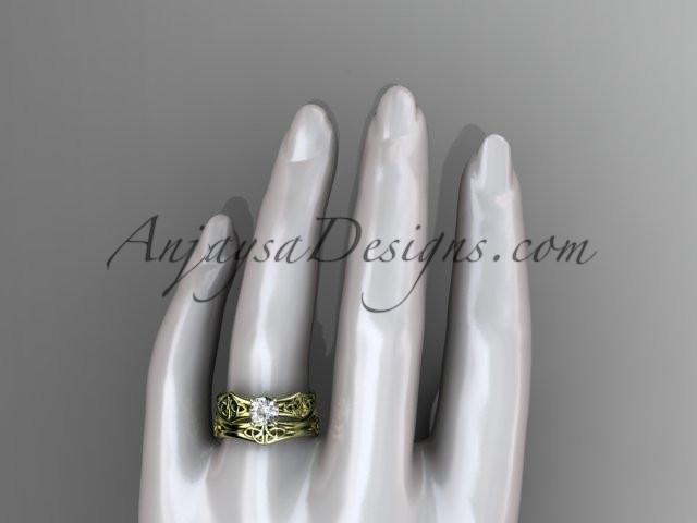 14kt yellow gold celtic trinity ring, triquetra ring, engagement set with a "Forever One" Moissanite center stone CT7356S - AnjaysDesigns