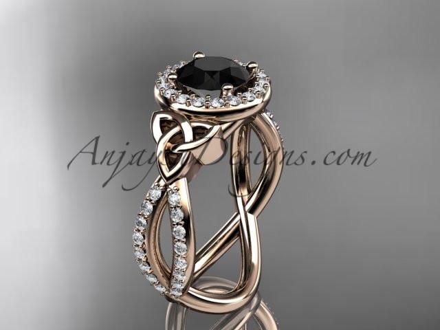 14kt rose gold diamond celtic trinity ring, triquetra ring, Irish engagement ring with a Black Diamond center stone CT7374 - AnjaysDesigns