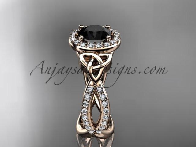 14kt rose gold diamond celtic trinity ring, triquetra ring, Irish engagement ring with a Black Diamond center stone CT7374 - AnjaysDesigns