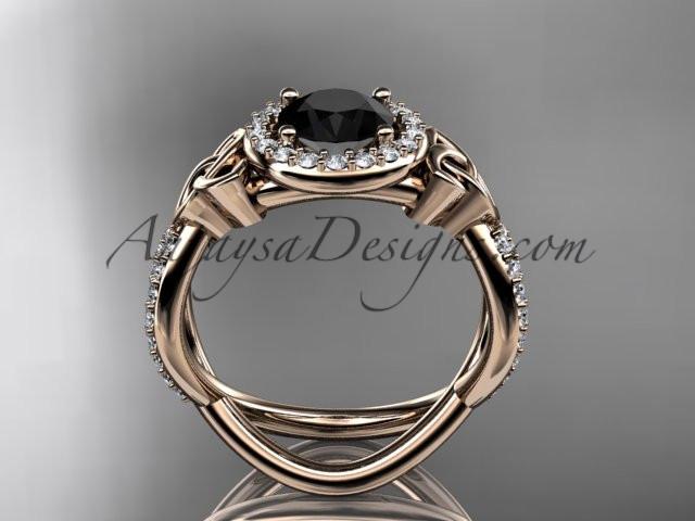 14kt rose gold diamond celtic trinity ring, triquetra ring, Irish engagement ring with a Black Diamond center stone CT7374 - AnjaysDesigns