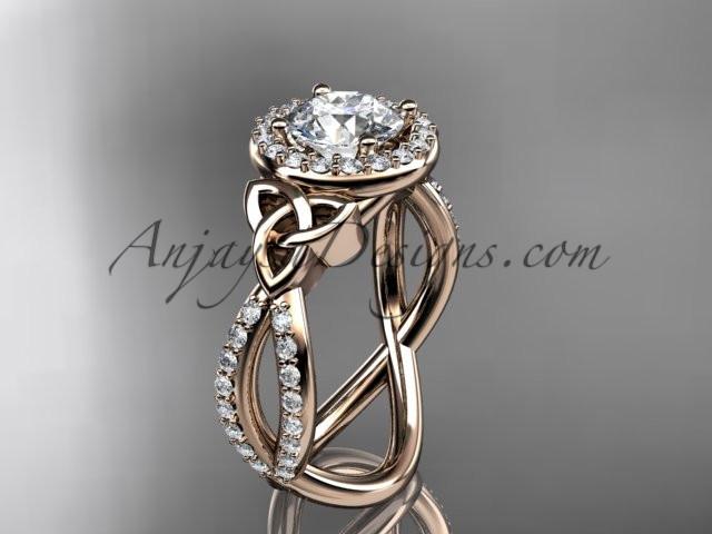 14kt rose gold diamond celtic trinity ring, triquetra ring, Irish engagement ring with a "Forever One" Moissanite center stone CT7374 - AnjaysDesigns